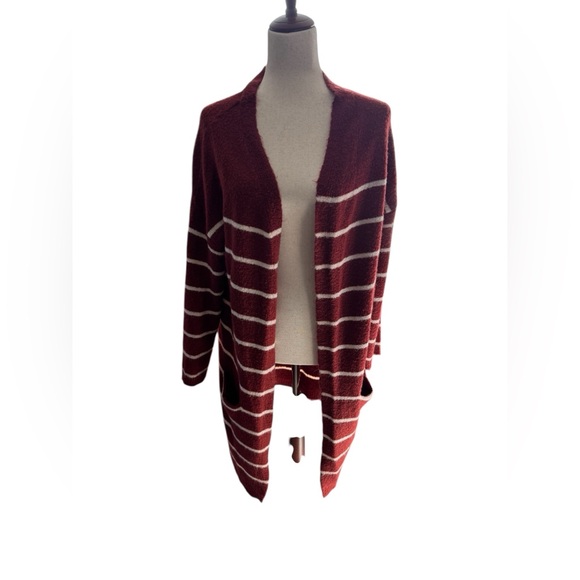 Active USA Sweaters - Striped Burgundy Open-Front Sweater Large